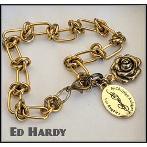 ED HARDY Rose Charm Bracelet Gold Stainless Steel Rope Chain Christian Audigier